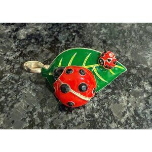 Ladybug & Leaf Enamel Pendant/Brooch  Art Nouveau Brooch, Green Leaf Brooch